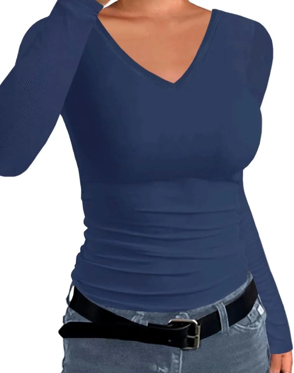 Afibi Women Ribbed Long Sleeve V Neck Slim Fit Stretchy Basic T Shirts Tops