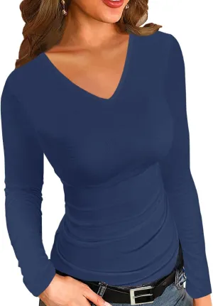 Afibi Women Ribbed Long Sleeve V Neck Slim Fit Stretchy Basic T Shirts Tops