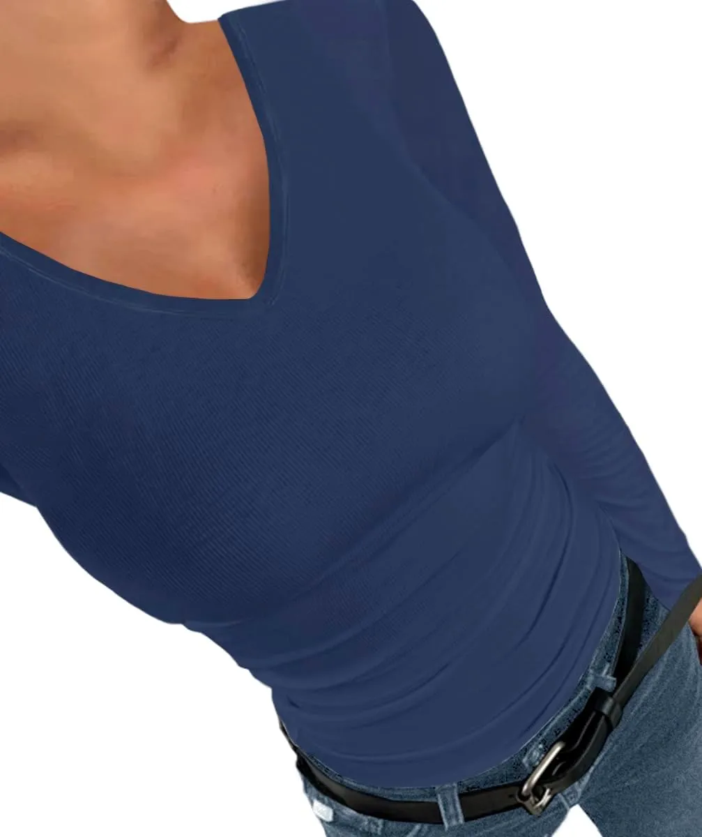 Afibi Women Ribbed Long Sleeve V Neck Slim Fit Stretchy Basic T Shirts Tops