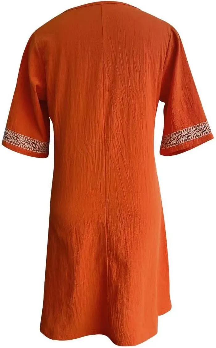Akivide Women's Summer Cotton Linen V Neck Half Sleeve Mini Dress Casual Loose Plus Size Beach Vacation Tunic Dress
