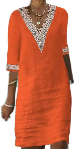 Akivide Women's Summer Cotton Linen V Neck Half Sleeve Mini Dress Casual Loose Plus Size Beach Vacation Tunic Dress