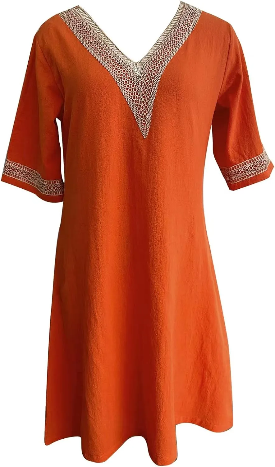 Akivide Women's Summer Cotton Linen V Neck Half Sleeve Mini Dress Casual Loose Plus Size Beach Vacation Tunic Dress