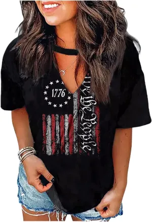 American Flag Shirts Women 4th of July V-Neck Short Sleeve Patriotic T-Shirt Color Block Short Sleeve Summer Tops