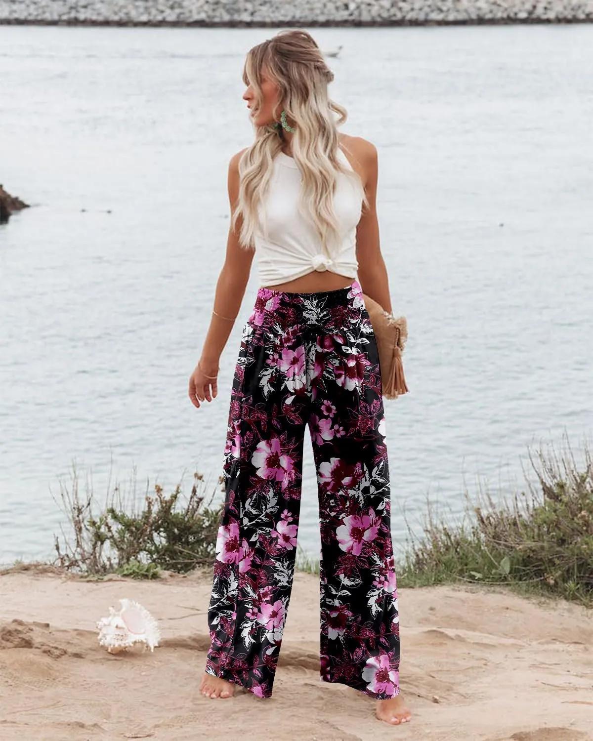 Angerella Womens Elastic High Waisted Palazzo Pants Casual Wide Leg Long Lounge Pant Trousers with Pocket