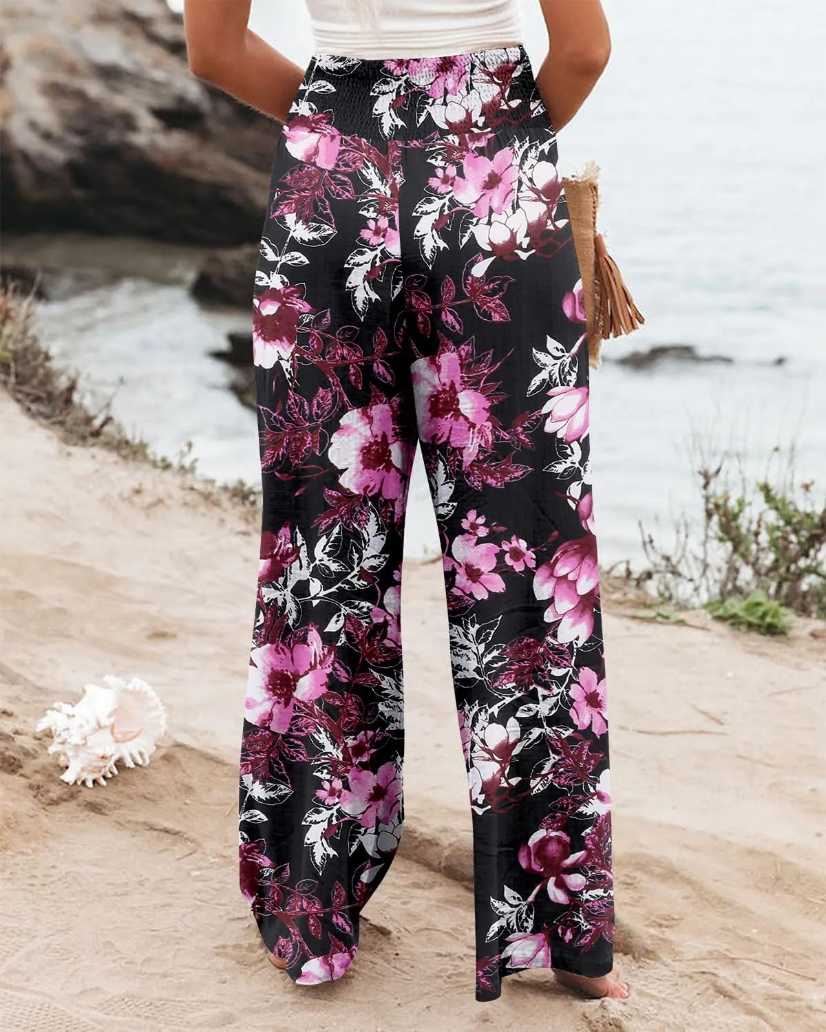Angerella Womens Elastic High Waisted Palazzo Pants Casual Wide Leg Long Lounge Pant Trousers with Pocket
