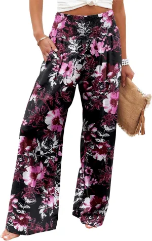 Angerella Womens Elastic High Waisted Palazzo Pants Casual Wide Leg Long Lounge Pant Trousers with Pocket