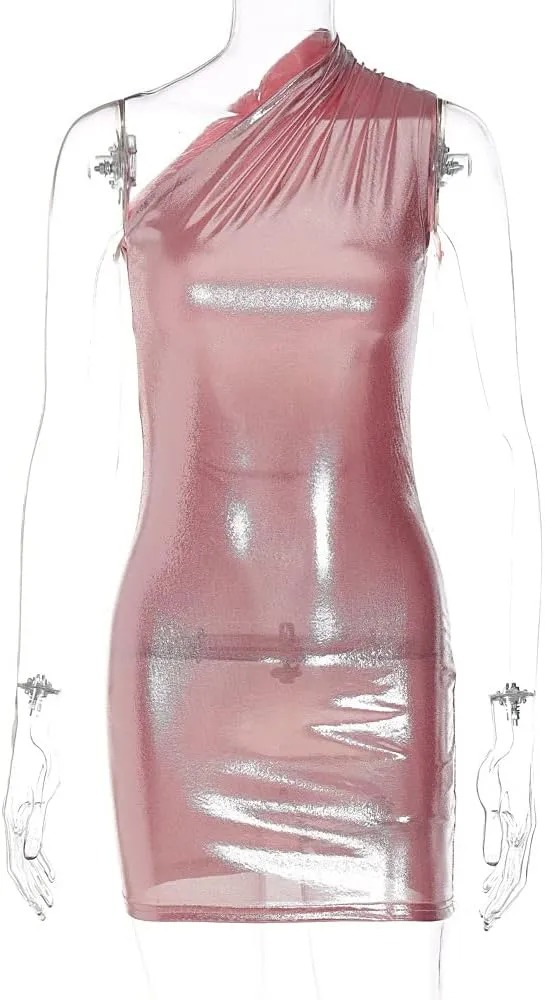 ANKOMINA Women's Sexy Metallic One Shoulder Mini Dress Shiny Sleeveless Bodycon Dresses for Party Club Cocktail