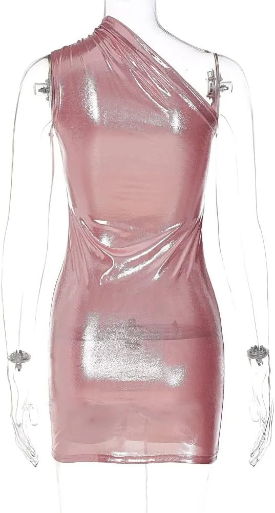 ANKOMINA Women's Sexy Metallic One Shoulder Mini Dress Shiny Sleeveless Bodycon Dresses for Party Club Cocktail