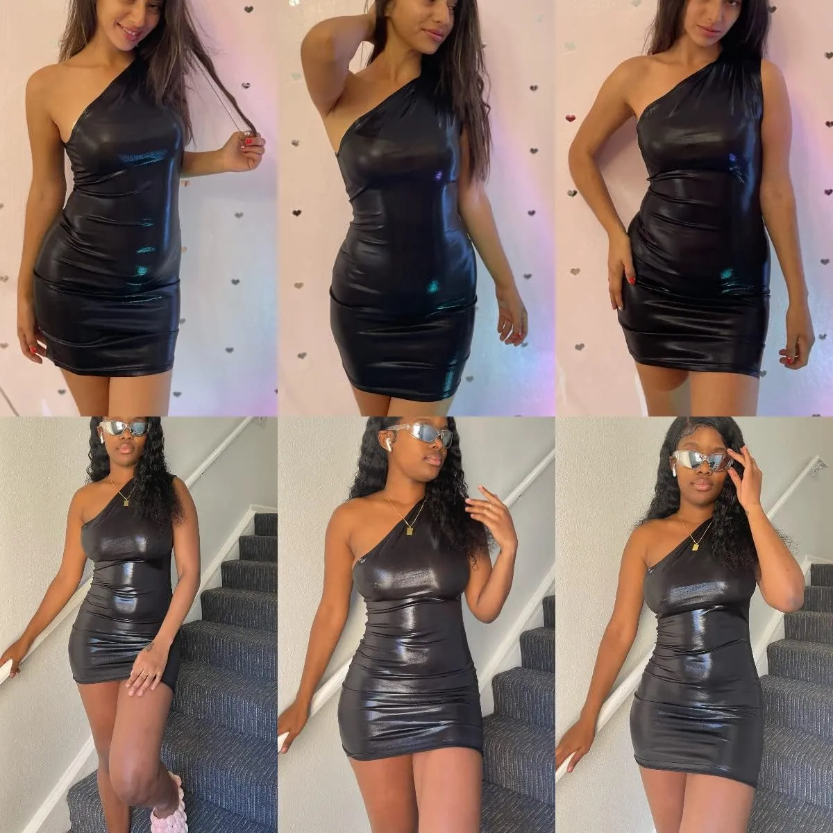 ANKOMINA Women's Sexy Metallic One Shoulder Mini Dress Shiny Sleeveless Bodycon Dresses for Party Club Cocktail