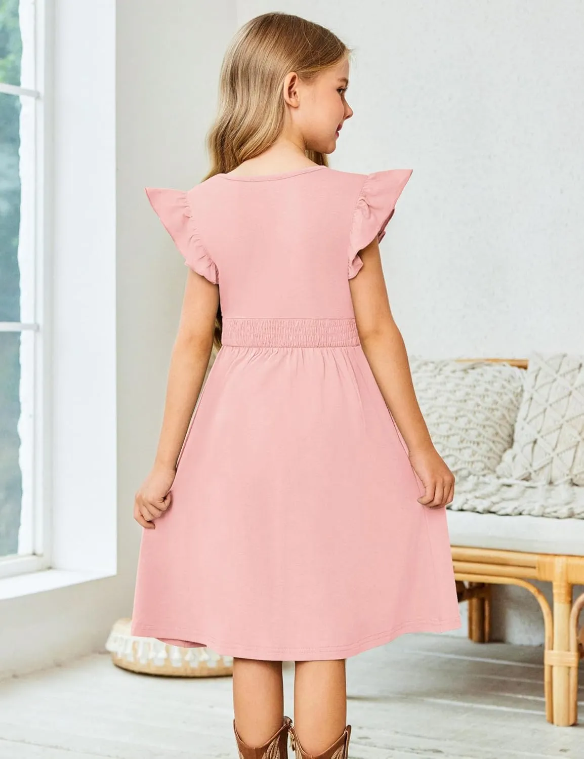Arshiner Girls Dresses Ruffle Sleeve A-Line V-Neck Sundress Summer Swing Midi Dress with Pockets