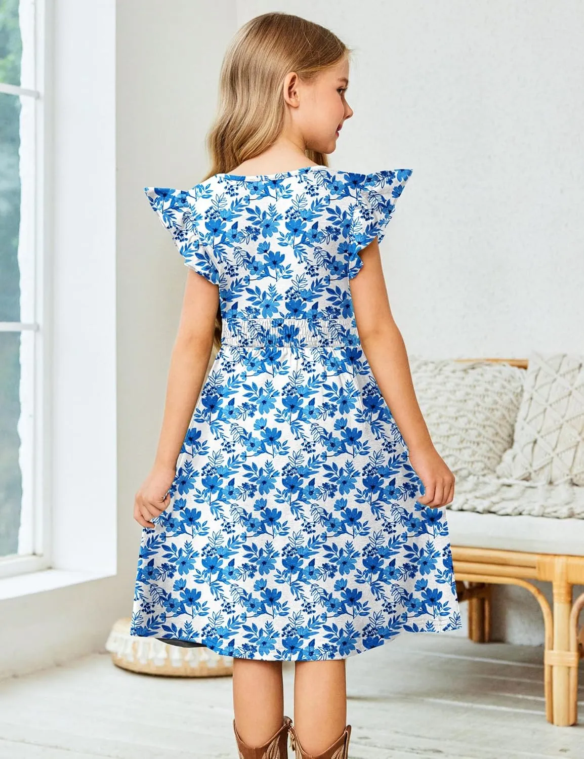 Arshiner Girls Dresses Ruffle Sleeve A-Line V-Neck Sundress Summer Swing Midi Dress with Pockets