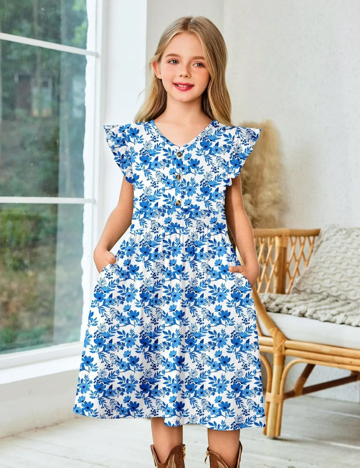 Arshiner Girls Dresses Ruffle Sleeve A-Line V-Neck Sundress Summer Swing Midi Dress with Pockets