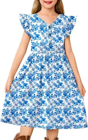 Arshiner Girls Dresses Ruffle Sleeve A-Line V-Neck Sundress Summer Swing Midi Dress with Pockets