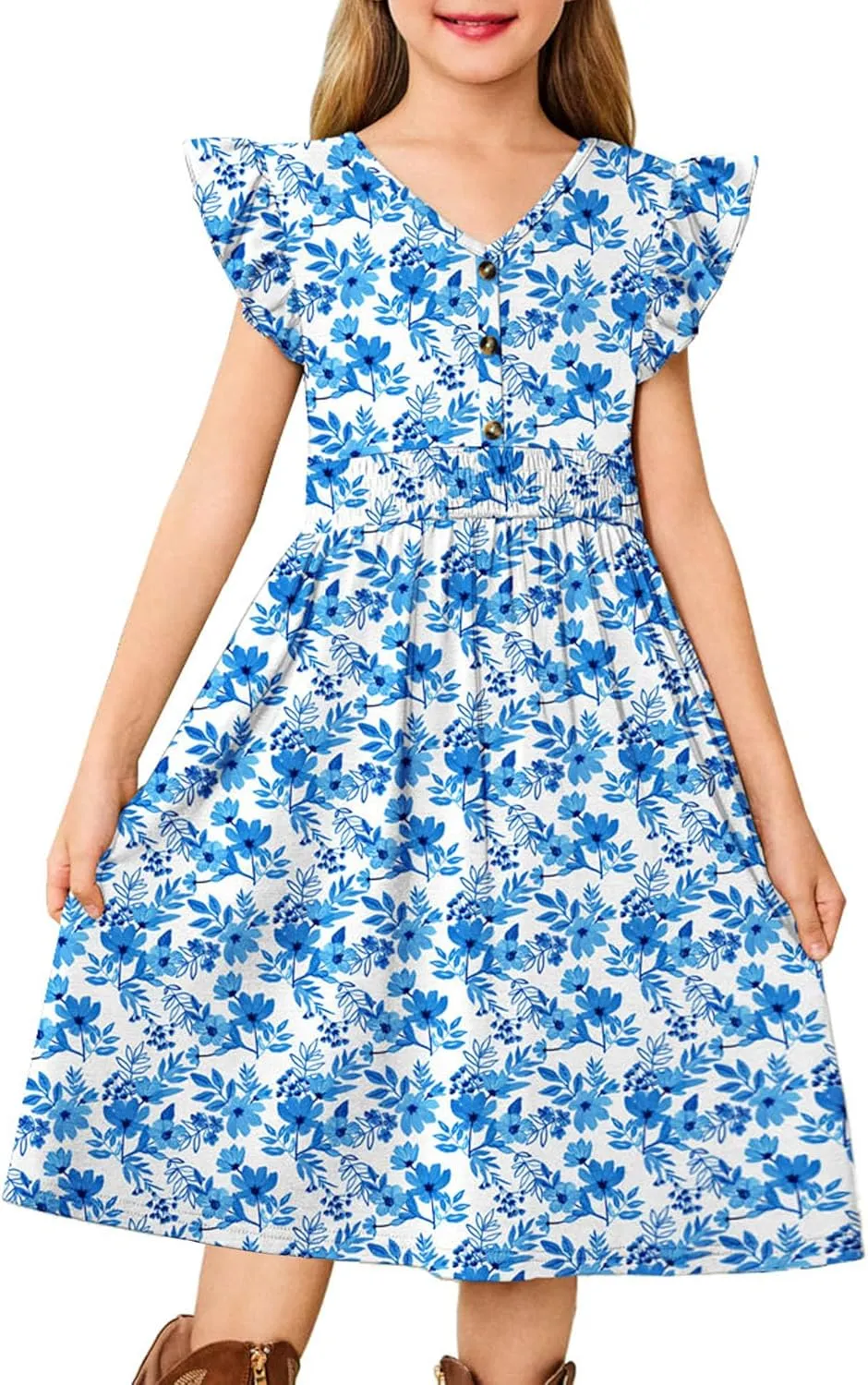 Arshiner Girls Dresses Ruffle Sleeve A-Line V-Neck Sundress Summer Swing Midi Dress with Pockets