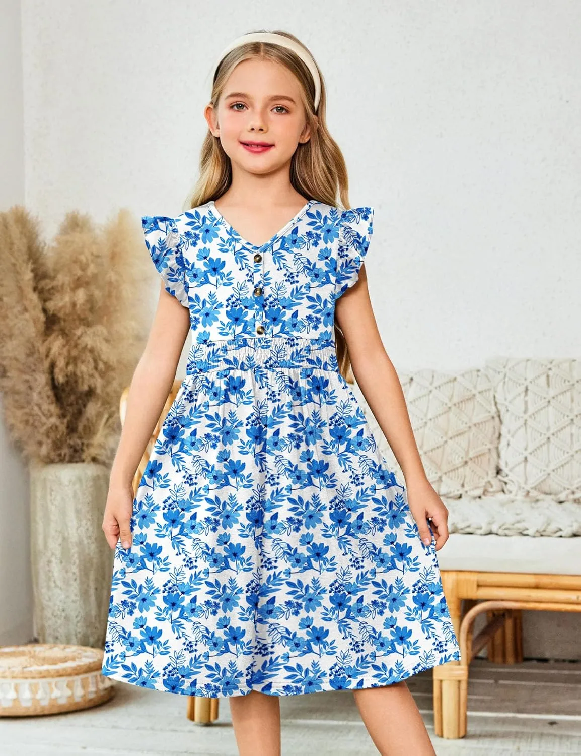 Arshiner Girls Dresses Ruffle Sleeve A-Line V-Neck Sundress Summer Swing Midi Dress with Pockets