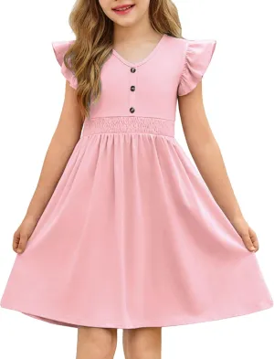 Arshiner Girls Dresses Ruffle Sleeve A-Line V-Neck Sundress Summer Swing Midi Dress with Pockets