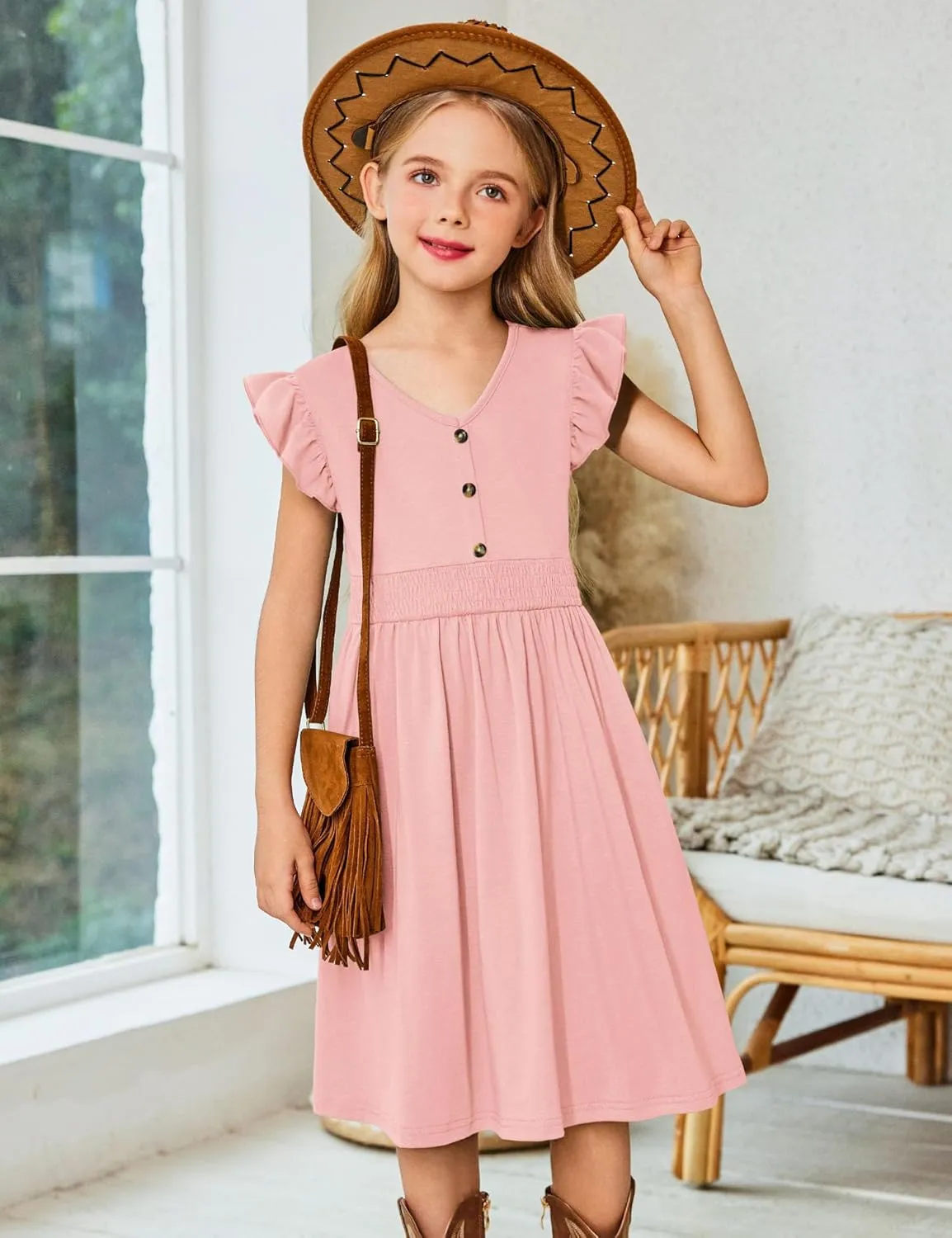 Arshiner Girls Dresses Ruffle Sleeve A-Line V-Neck Sundress Summer Swing Midi Dress with Pockets