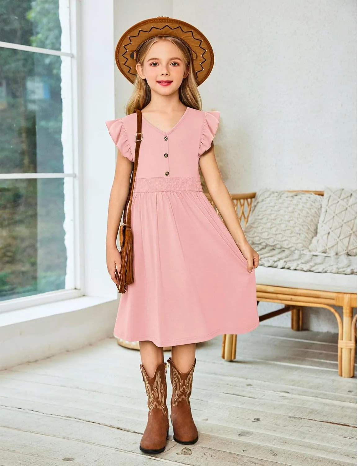 Arshiner Girls Dresses Ruffle Sleeve A-Line V-Neck Sundress Summer Swing Midi Dress with Pockets