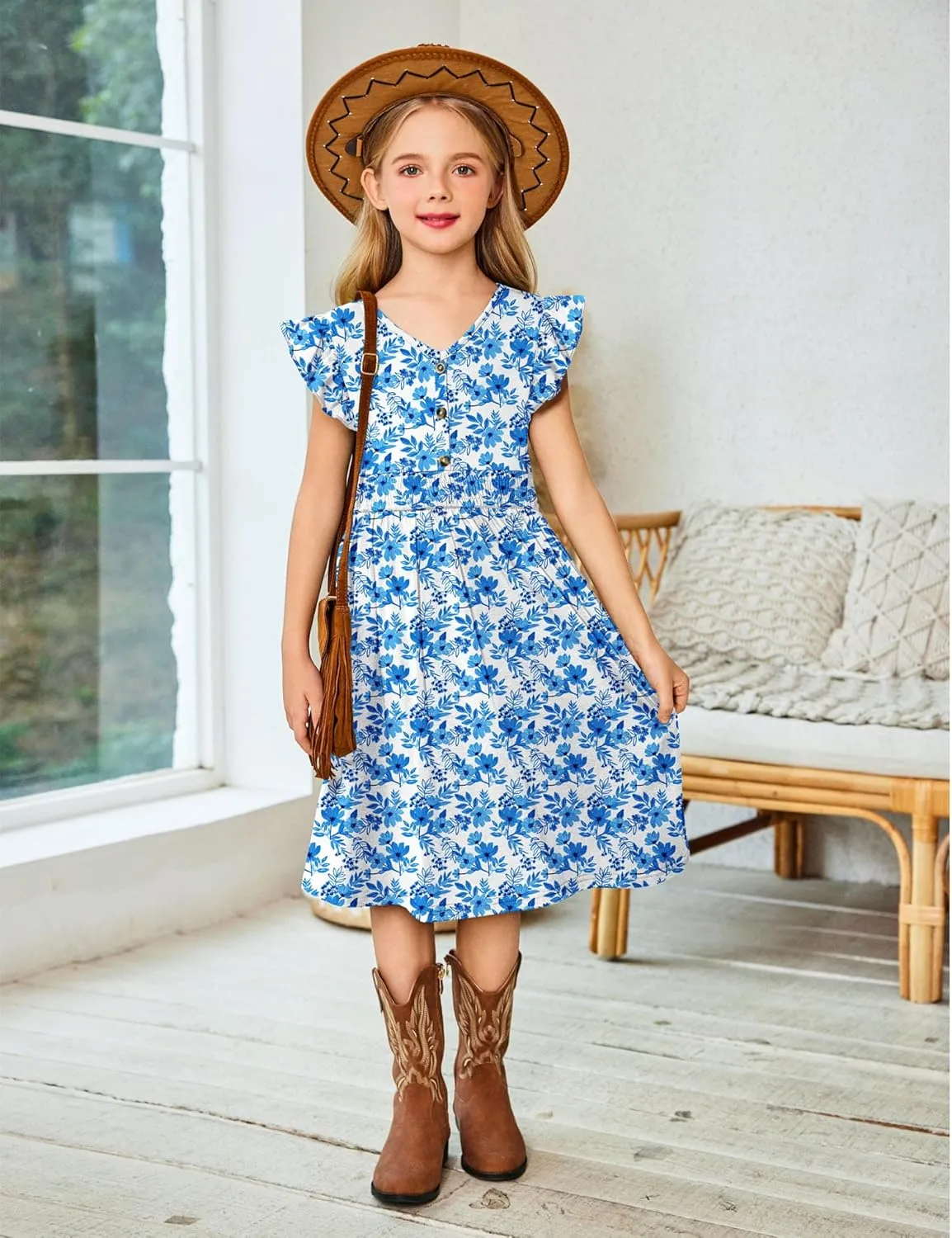 Arshiner Girls Dresses Ruffle Sleeve A-Line V-Neck Sundress Summer Swing Midi Dress with Pockets