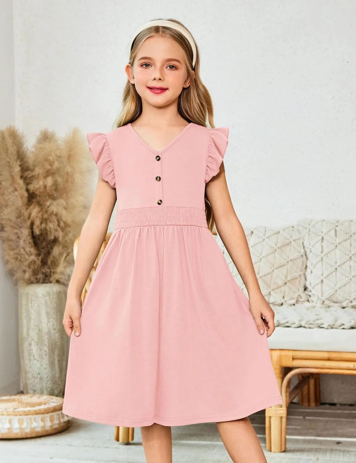 Arshiner Girls Dresses Ruffle Sleeve A-Line V-Neck Sundress Summer Swing Midi Dress with Pockets
