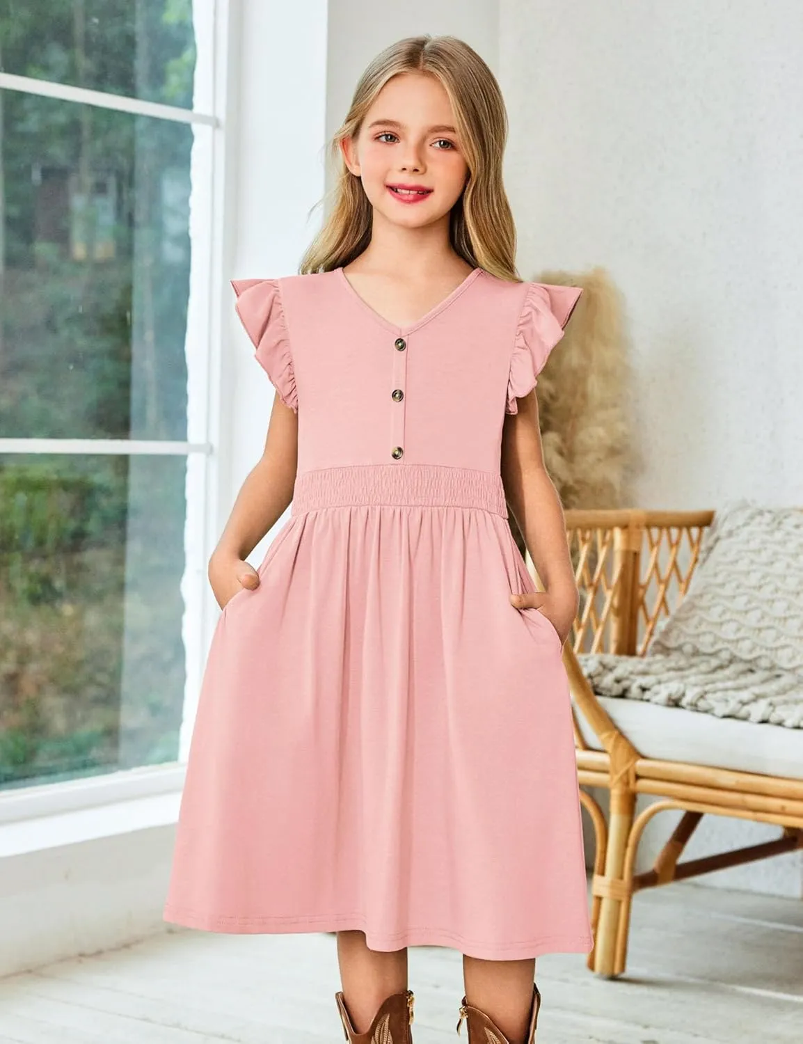 Arshiner Girls Dresses Ruffle Sleeve A-Line V-Neck Sundress Summer Swing Midi Dress with Pockets