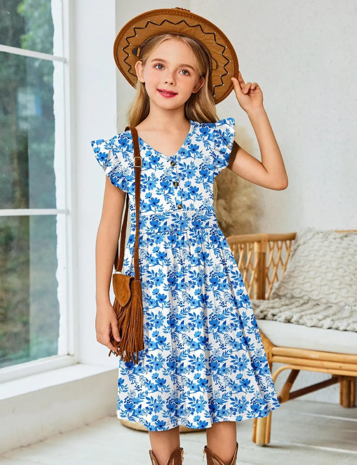 Arshiner Girls Dresses Ruffle Sleeve A-Line V-Neck Sundress Summer Swing Midi Dress with Pockets