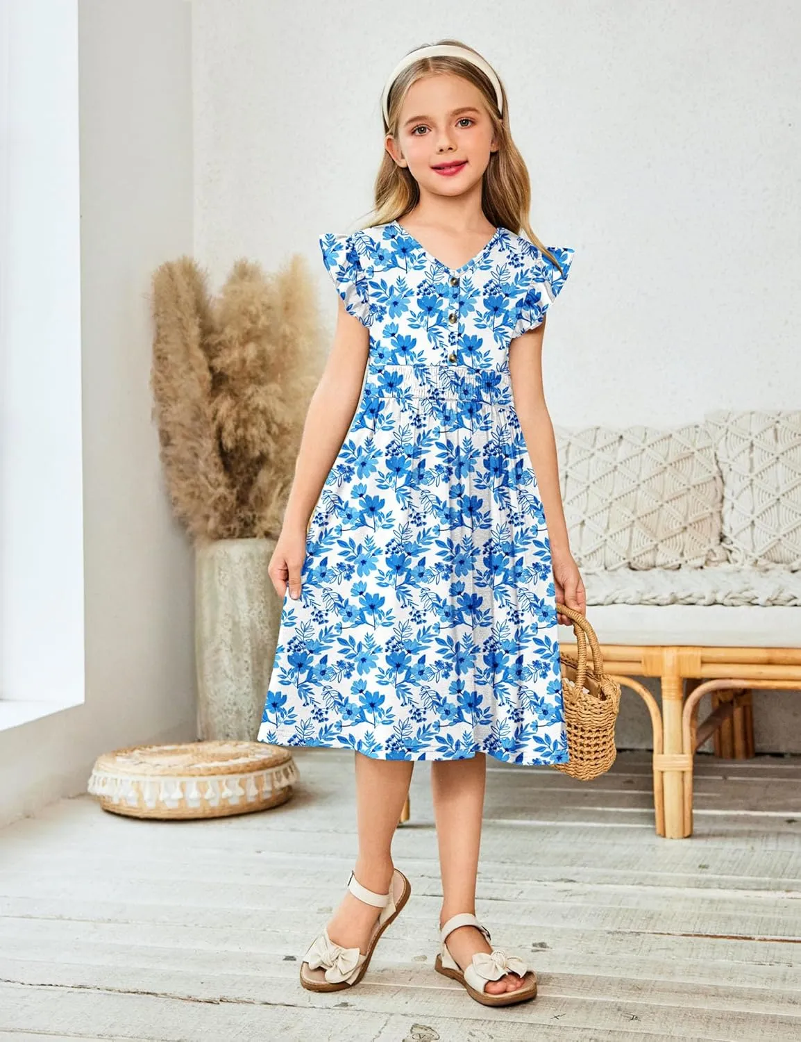 Arshiner Girls Dresses Ruffle Sleeve A-Line V-Neck Sundress Summer Swing Midi Dress with Pockets
