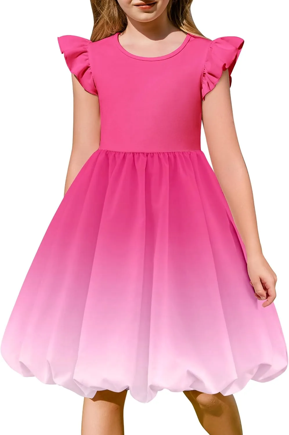 Arshiner Tween Girls Summer Bubble Dress Ruffle Sleeve Casual Party Midi Dresses