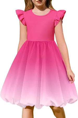 Arshiner Tween Girls Summer Bubble Dress Ruffle Sleeve Casual Party Midi Dresses