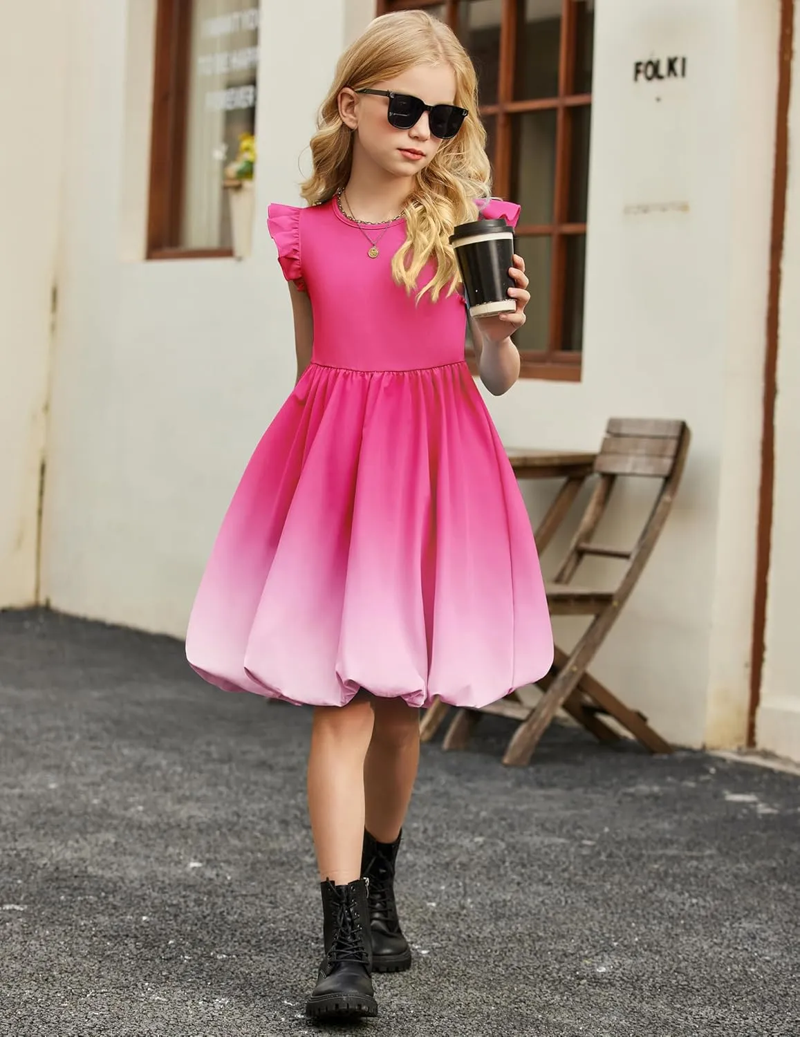 Arshiner Tween Girls Summer Bubble Dress Ruffle Sleeve Casual Party Midi Dresses