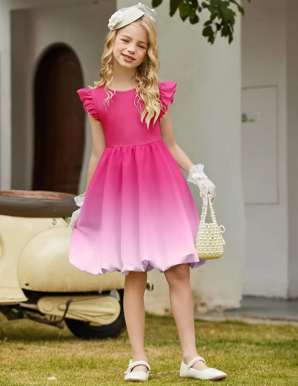 Arshiner Tween Girls Summer Bubble Dress Ruffle Sleeve Casual Party Midi Dresses