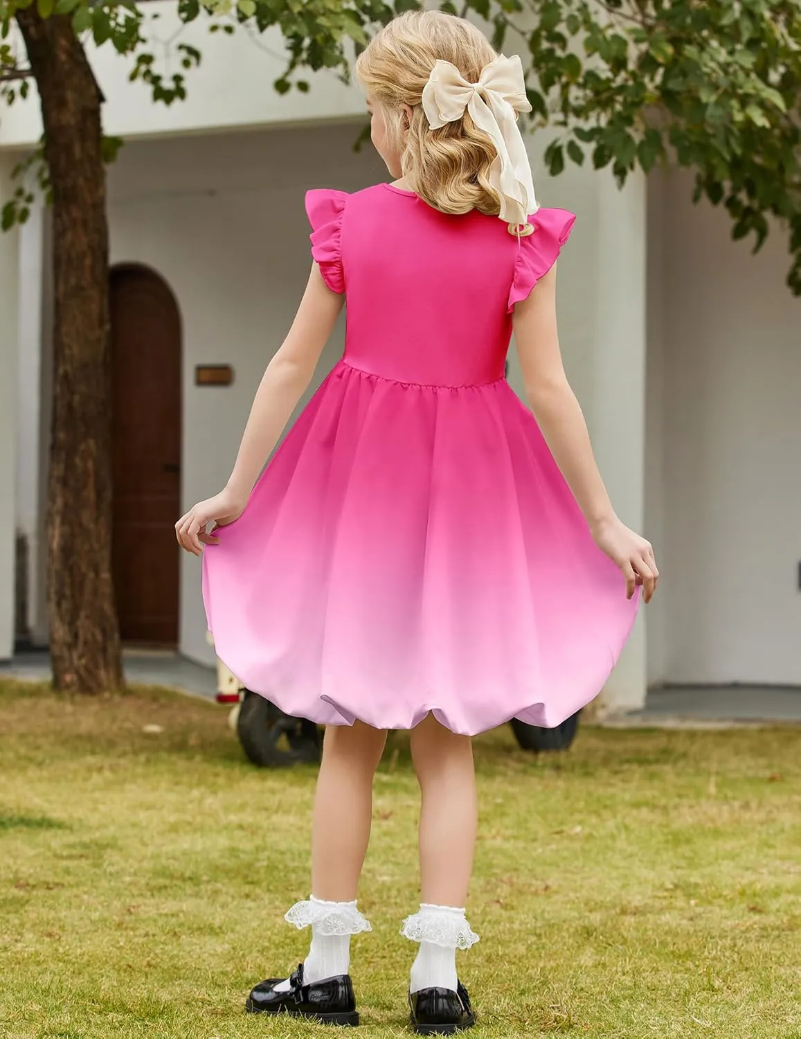 Arshiner Tween Girls Summer Bubble Dress Ruffle Sleeve Casual Party Midi Dresses