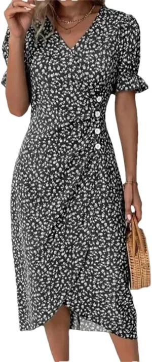 Autumn Floral Bodycon Midi Dress for Women V Neck Long Sleeve Ruched Slim Fit Dresses Sexy Dresses