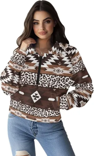 Aztec Cowboy Hoodie Vintage Graphic Western Hoodies for Women Casual Long Sleeve Half Zip Pullover with Pocket