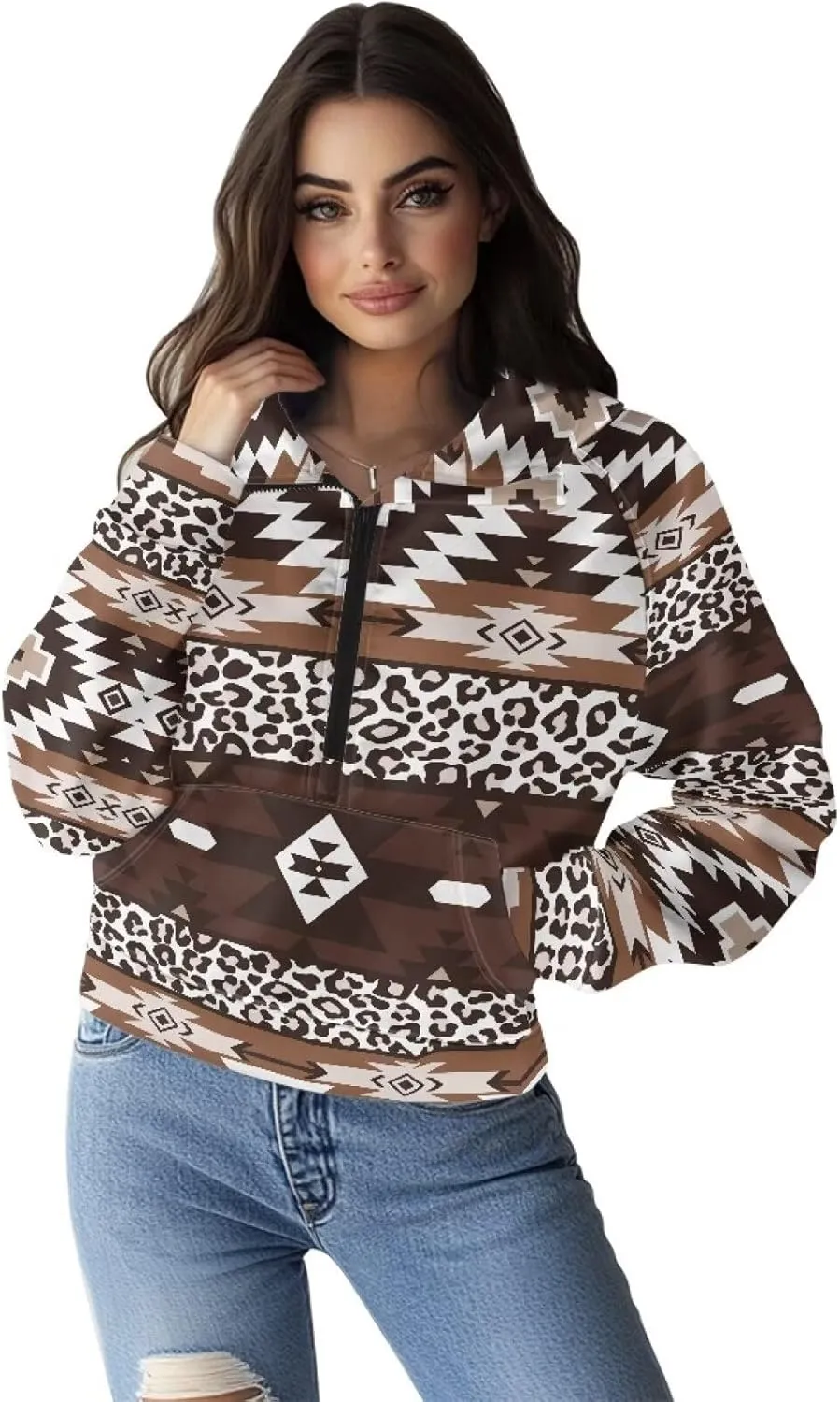 Aztec Cowboy Hoodie Vintage Graphic Western Hoodies for Women Casual Long Sleeve Half Zip Pullover with Pocket