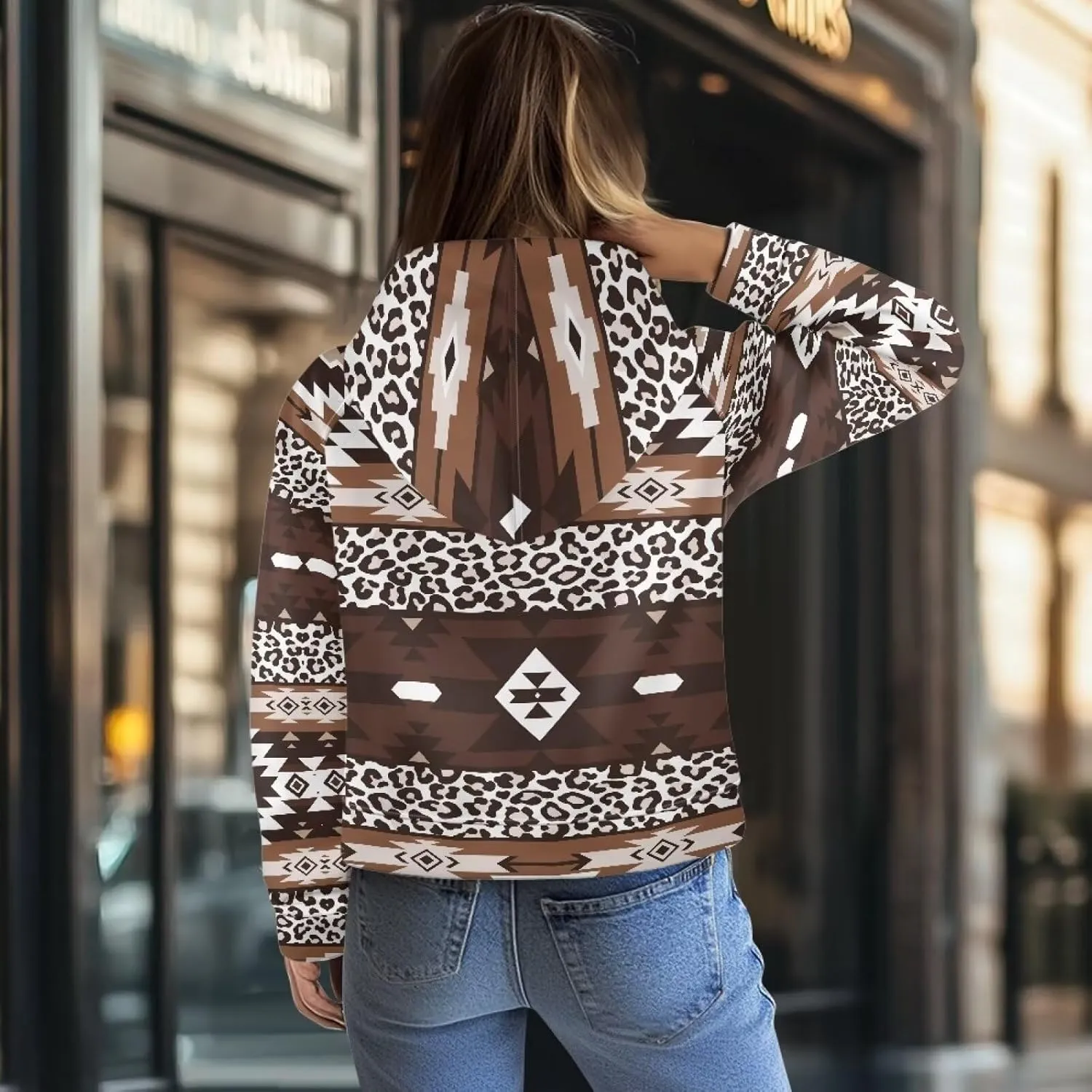 Aztec Cowboy Hoodie Vintage Graphic Western Hoodies for Women Casual Long Sleeve Half Zip Pullover with Pocket