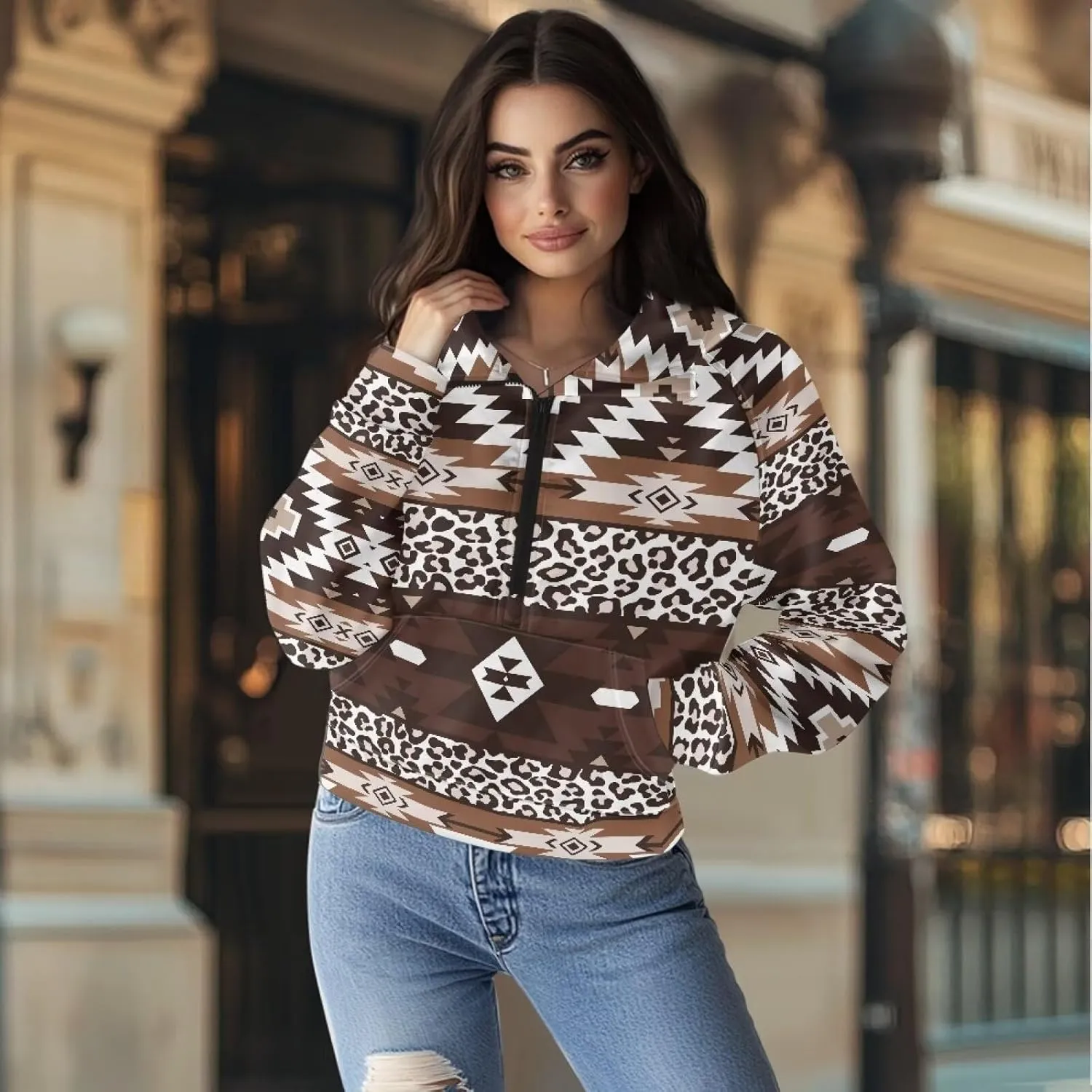 Aztec Cowboy Hoodie Vintage Graphic Western Hoodies for Women Casual Long Sleeve Half Zip Pullover with Pocket