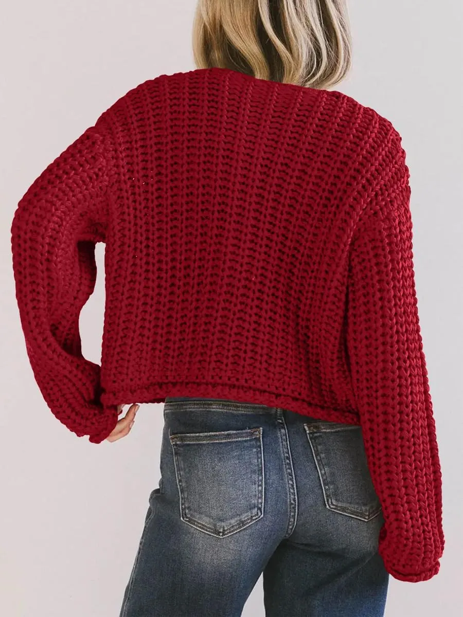 BeautyNee Women's Cardigan Sweaters Button Down Cropped Chunky Knit Cardigan Jacket Long Sleeve Trendy Tops with Pockets