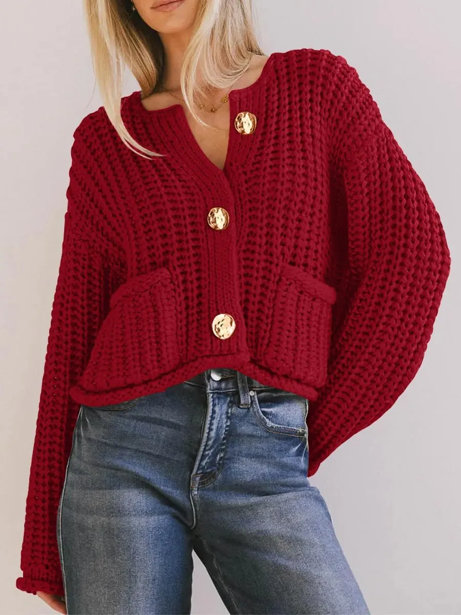 BeautyNee Women's Cardigan Sweaters Button Down Cropped Chunky Knit Cardigan Jacket Long Sleeve Trendy Tops with Pockets
