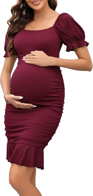 BeautyNee Women's Short Puff Sleeve Maternity Dress Summer Square Neck Ruffle Hem Smocked Bodycon Dress for Baby Shower