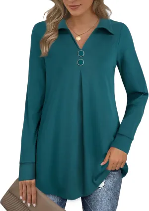 Bebonnie Womens Long Sleeve Casual Lapel V Neck Pullover Tunic Blouse Tops with Buttons