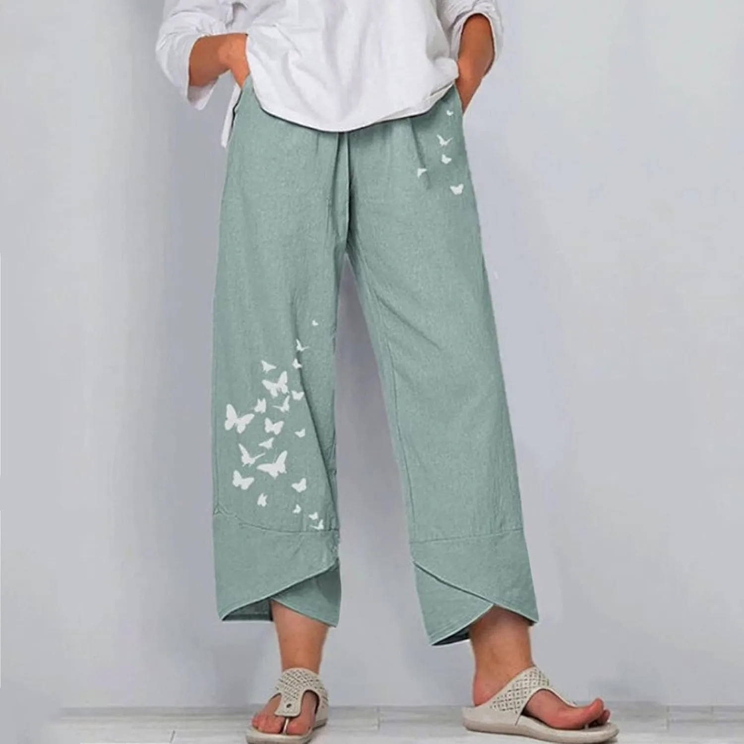 Bengbobar Linen Capri Pants for Women Wide Leg Sweatpants Casual Summer Capri Pants Comfy Baggy Trousers Palazzo Lounge