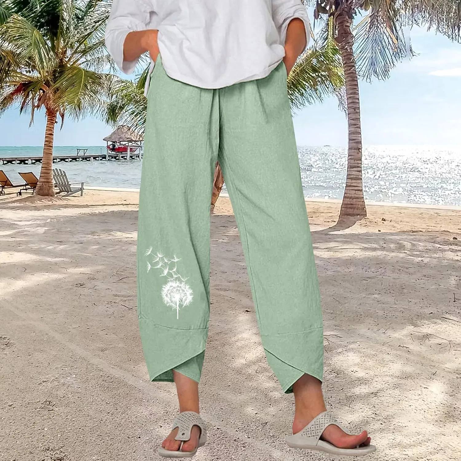 Bengbobar Linen Capris for Women Wide Leg Sweatpants Casual Petite Linen Pants Baggy Palazzo Cropped Summer Beach Trousers