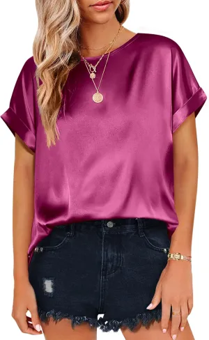 Beyove Women's Short Sleeve Pullover Blouses Satin Silk Shirts Casual Loose Elegant Work Tunic Tops