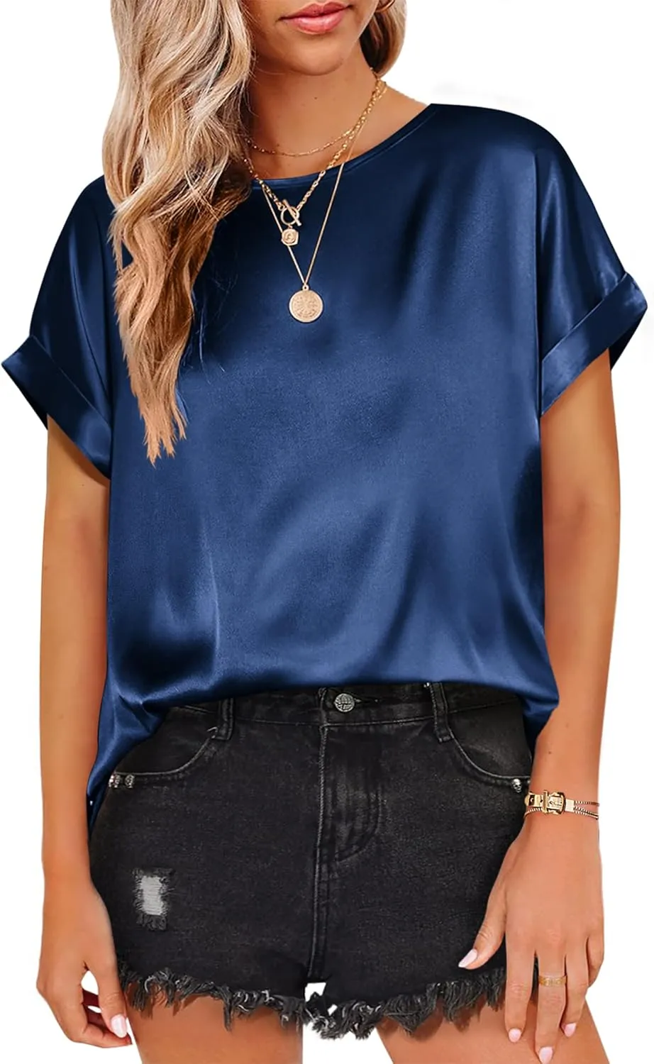 Beyove Women's Short Sleeve Pullover Blouses Satin Silk Shirts Casual Loose Elegant Work Tunic Tops