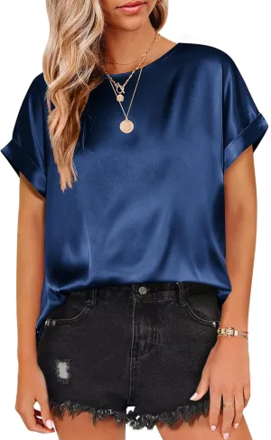 Beyove Women's Short Sleeve Pullover Blouses Satin Silk Shirts Casual Loose Elegant Work Tunic Tops