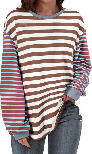 BLENCOT Women's Oversized Patchwork T Shirts Fall Long Sleeve Striped Color Block Loose Fit Pullover Tops