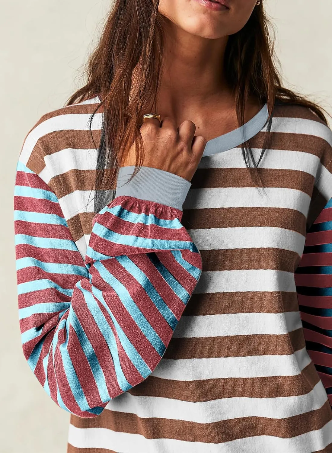BLENCOT Women's Oversized Patchwork T Shirts Fall Long Sleeve Striped Color Block Loose Fit Pullover Tops