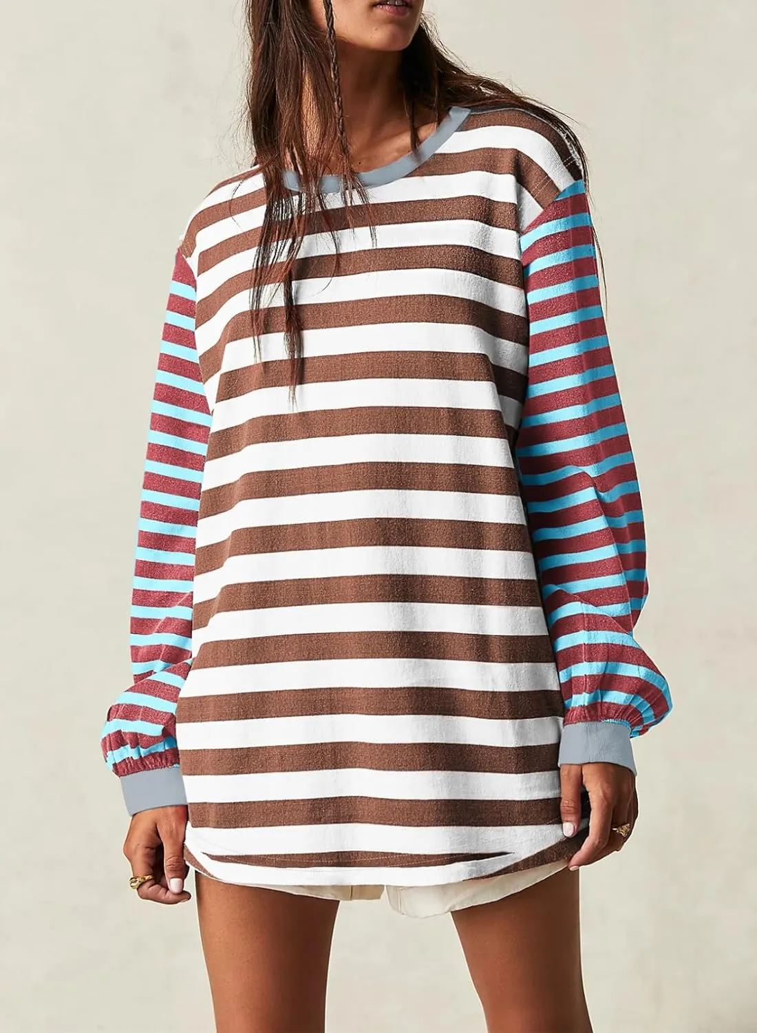 BLENCOT Women's Oversized Patchwork T Shirts Fall Long Sleeve Striped Color Block Loose Fit Pullover Tops