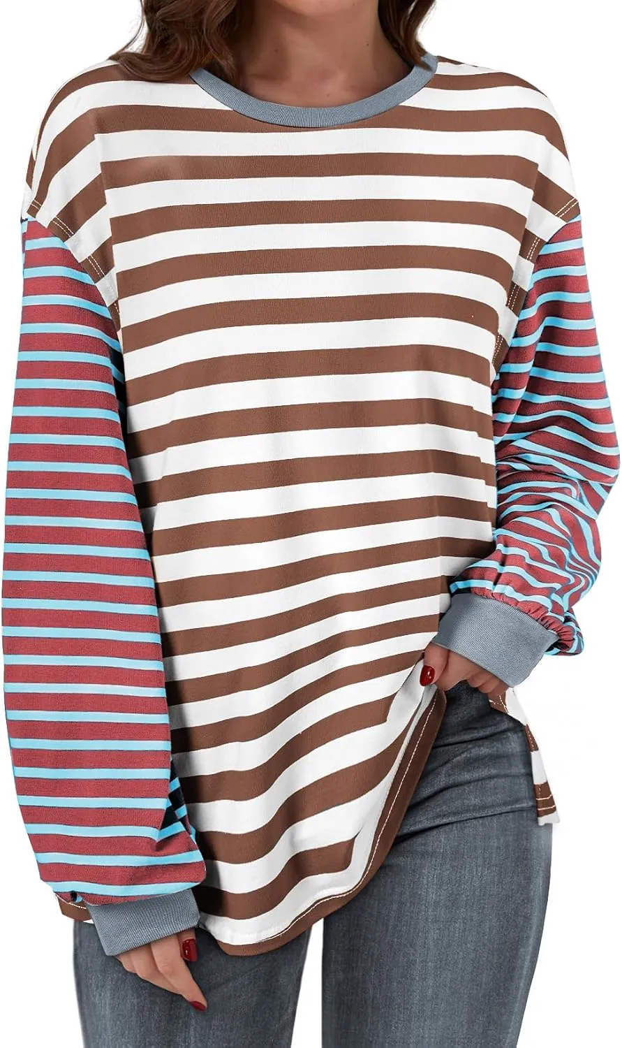 BLENCOT Women's Oversized Patchwork T Shirts Fall Long Sleeve Striped Color Block Loose Fit Pullover Tops
